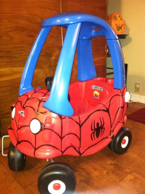 Spider-Man tyke Diy Little Tikes Car Makeover, Tikes Car Makeover, Little Tikes Car Makeover, Little Tikes Makeover, Car Makeover, Cozy Coupe Makeover, Spiderman Car, The Whoot, Little Tikes