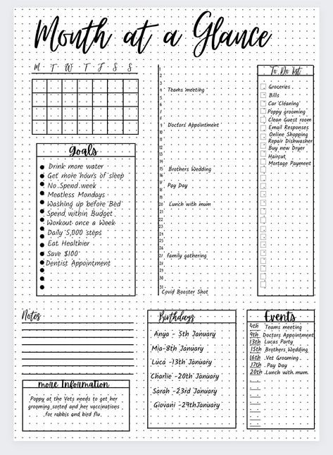 Month at a Glance, Monthly Planner, Monthly G Budget Bullet Journal Layout, Weekly Review Bullet Journal, Month At A Glance Printable Free, Month At A Glance Bullet Journal, Year At A Glance Bullet Journal, Monthly Goals Bullet Journal, Monthly Tracker Bullet Journal, Journal Month Page, Dot Journaling