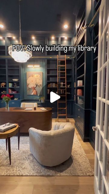 Victorian Library Aesthetic, Home Study Room Ideas, Office And Library Combo, Office Library Combo, Built In Library Wall, Home Office And Library, Home Library Room, Office Sitting Area, Library Dining Room