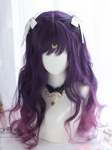 Sailor Moon Luna Dark Purple Gradient Long Curly Wig Sweet Lolita Wigs Long Purple Hair, Harajuku Hair, Light Purple Hair, Dark Purple Hair, Kawaii Wigs, Sailor Moon Luna, Moon Luna, Anime Wigs, Purple Wig