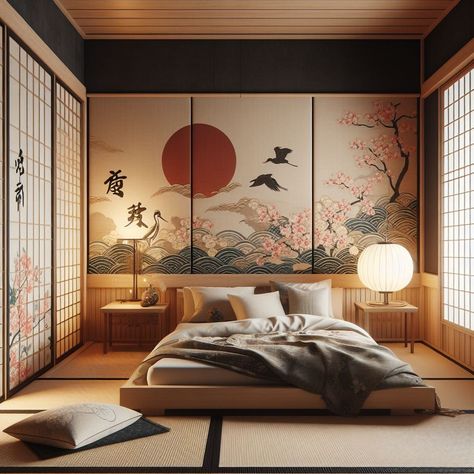 Japanese Bedroom Japanese-Inspired Textile Japanese Rooms Bedrooms, Japanese Art Bedroom, Japanese French Interior Design, Japanese Sunroom, Traditional Japanese Bedroom Aesthetic, Japanese Inspired Interior Design, Asian Maximalism, Tropical Interior Design Bedroom, Asian Room Aesthetic