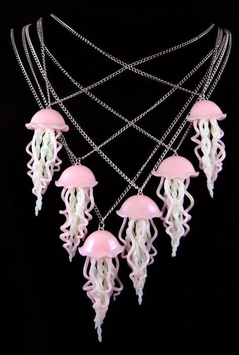 School Of Jellyfish, Jellyfish Accessories, Undersea Party, Lauren Thompson, Jellyfish Necklace, Multiple Necklaces, Jellyfish Pendant, Pink Jellyfish, Space Grunge