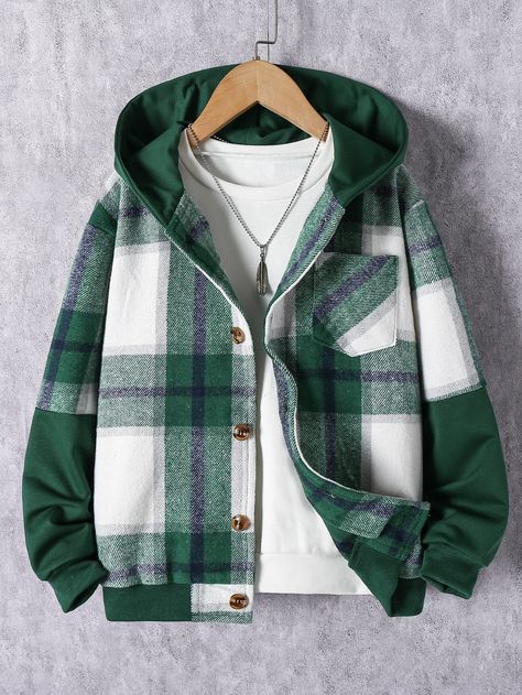 Multicolor Casual Collar Long Sleeve Fabric Plaid Other Embellished Non-Stretch  Boys Clothing Boys Street Style, Men Outerwear, Boys Plaid, Long Sleeve Outerwear, Boys Fleece, Long Sleeves Coats, Mens Plaid, Hooded Shirt, Comfortable Tops