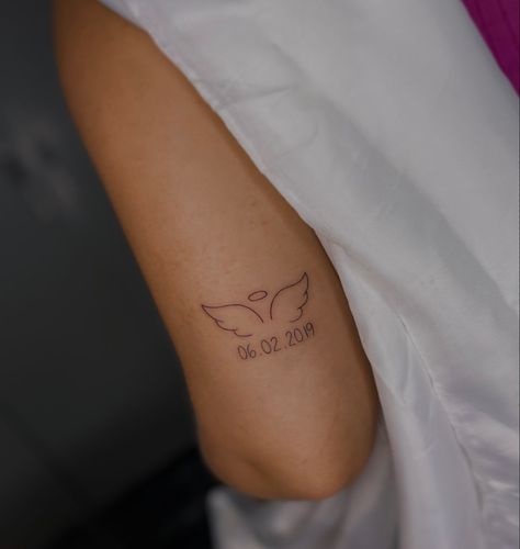 Simplistic Memorial Tattoo, Small Tattoo For Mom Passing, Tattoo For Passed Grandmother, Tattoo Ideas About Losing Someone, Tattoo Ideas For Losing A Loved One, Tattoos For Great Grandma Passing, Small Above Elbow Tattoos For Women, Angel Wings Tattoo With Date, Tattoo To Honor Grandma