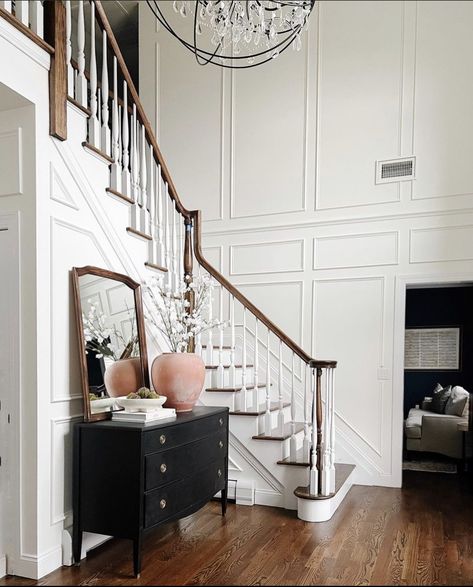 Stair Moulding, Staircase Molding, Wall Molding Living Room, Wainscoting Styles, High Ceiling Living Room, House Staircase, Stair Wall, Staircase Wall, Foyer Decorating