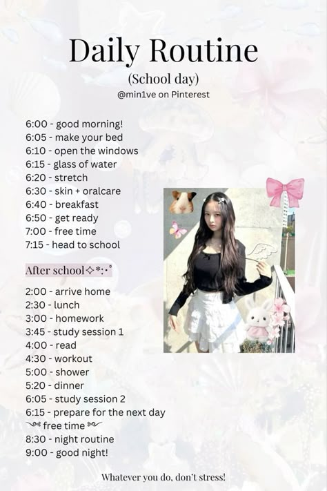 Best School Routines, Wonyoung Daily Routine, Wonyongism Daily Routine, Wonyoungism Daily Routine, A Day In My Life Routine, Wongyoungnisim Routine, Wonyoungism School Routine, Study Daily Routine, Daily Glow Up Routine