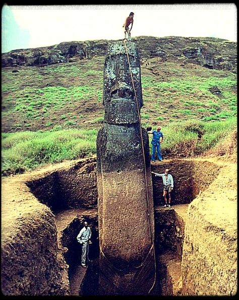 The moai at Easter Island are actually whole-body statues, but they are commonly referred to as "Easter Island heads."  Some of the "heads" at Rano Raraku have been excavated and their bodies seen and observed to have markings that had been protected from erosion by their burial. Easter Island Moai, Easter Island Heads, Easter Island Statues, Easter Island, Ancient Mysteries, Ancient Aliens, Ancient Ruins, Ancient Artifacts, Ancient Civilizations