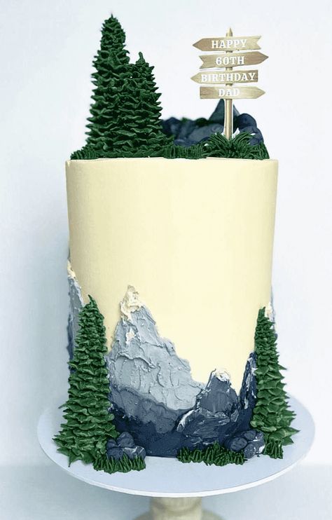 Landscape Birthday Cake, Landscape Cake Ideas, Birthday Cake Mountain, Mountain Cake Ideas, Mountain Cakes, Landscape Cake, Nature Cakes, Forest Cakes, Mountain Birthday