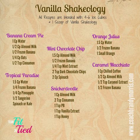 Getting Fit for Good : Vanilla Shakeology Recipes Shakeology Smoothie Recipes, Vanilla Meal Replacement Shakes Recipes, Candy Protein Shakes, Protein Powder Shakes Vanilla, Flavored Protein Shakes, Vanilla Protein Shakes Recipes, Vanilla Protein Powder Drinks, Protein Shake Vanilla Powder, 310 Shake Recipes Vanilla