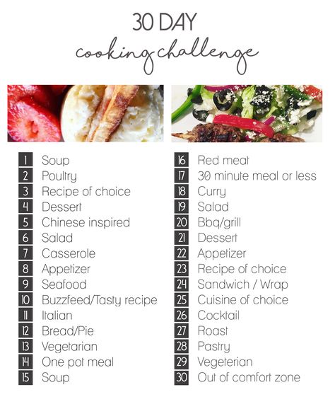 30 day cooking challenge! New recipes only! Eat At Home Challenge, 30 Day Baking Challenge, Healthy Challenge Ideas, Cooking Youtube Channel Ideas, 30 Day Food Challenge, 30 Day Cooking Challenge, Fitness Challenge 30 Day Food, Monthly Diet Challenge, Cooking Challenge Ideas