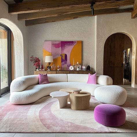 Winter may bring shorter days, but that doesn’t mean your space has to feel dark. Embrace the power of color! 🌸✨ From soft lilacs to pastel accents and warm wood tones, this cozy curved sofa invites you to unwind and feel uplifted. Research shows that colors like these can positively impact our mood, creating a sense of calm, joy, and energy—even on the gloomiest days. Let your home be a place that nurtures your spirit and brightens every season. 🌿 AI designs by @cavalinteriors #ColourInI... Curved Interior Design, Sofa Interior Design, Curvy Sofa, Warm Wood Tones, Sofa Interior, Gloomy Day, Wood Tones, Curved Sofa, Interior Styling