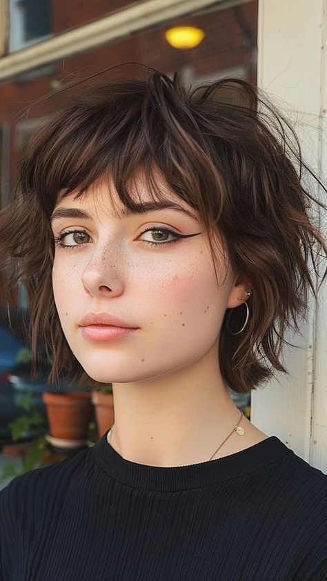 Short Layered Bangs Haircut, Curtain Bangs Shag Haircut Short, Messy Shag Haircut Short, Short Shag Oval Face, Long Face Short Haircut, Whimsical Pixie Cut, French Bob With Bangs Oval Face, Short Shag Curtain Bangs, Long Pixie Wavy Hair