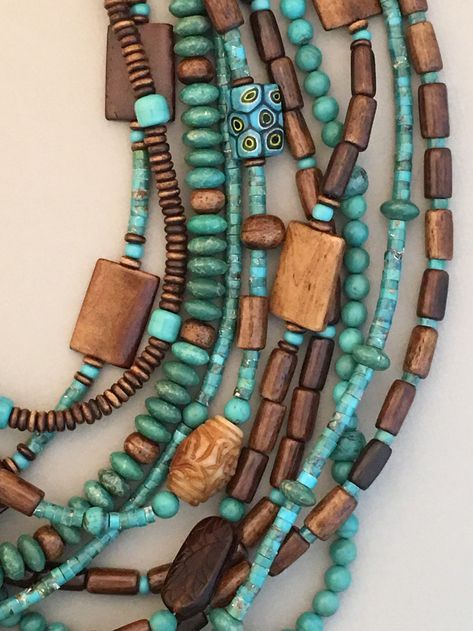 Detail from long, handcrafted turquoise statement necklace.  One-of-a-kind. Collar Hippie, Grandmother Jewelry, Turquoise And Brown, Multi Necklace, Turquoise Statement Necklace, Jewelry Design Inspiration, Jewelry Tags, Real Jewelry, Necklace Statement