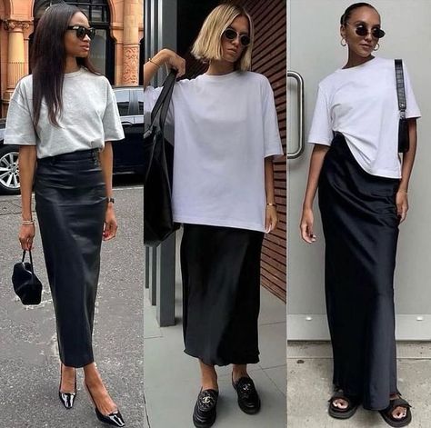 Fashion Inspiration on Instagram: "Shop ➡️ @MONTTERINI🤍  💘Lovely Styles With 30% Discounts!  Which One, Girls? 🔥  SHOP 👉 🔗 MONTTERINI. COM  Prices from 🏷 49 USD  ✅ Sizes XS-XXL  Free shipping worldwide & All taxes included🚀  👉SHOP @montterini" Midi Skirt Spring Outfit, Satin Skirt Outfit Casual, Style Satin Skirt, Long Leather Skirt Outfit, Black Satin Skirt Outfit, Long Black Skirt Outfit, Midi Skirt Outfits Summer, Long Satin Skirt, Black Satin Skirt