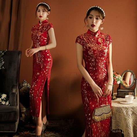 Qipao Vintage, Chinese Prom Dress, Red Chinese Dress, Phoenix Tail, Qipao Pattern, Red Qipao, Chinese Qipao, Modern Qipao, Qipao Cheongsam