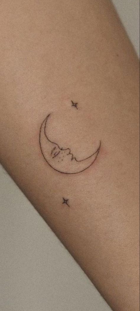 Things That Represent Me, Neckline Tattoo Women, One Line Moon Tattoo, Vintage Moon Tattoo, Small Dainty Tattoos For Women, Celestial Moon Tattoo, Aesthetic Small Tattoos, Fine Line Moon Tattoo, 70s Tattoo Ideas