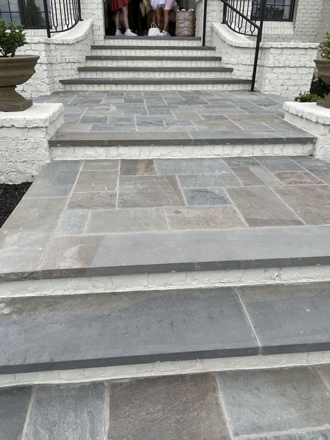 Bluestone Stairs Front Steps, Tile Porch Steps, Bluestone Front Porch Steps, Flagstone Front Steps, Front Steps Tile Ideas, Porcelain Tile Front Porch, Bluestone Front Walkway, Front Door Pavers Entrance, Flagstone Porch Steps Front Entry