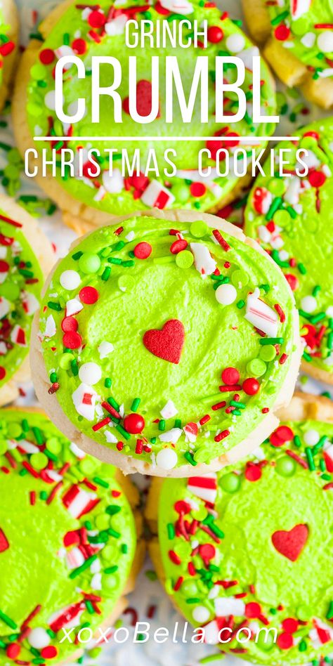 The Grinch Cookies Recipe, Grinch Cutout Cookies, Easy Grinch Cookies Recipe, Crumbl Christmas Cookie Copycat, How To Decorate Grinch Cookies, Grinch Cookie Recipe, Christmas Party Food Ideas Desserts, Crumbl Cookie Christmas, Grinch Buttercream Cookies