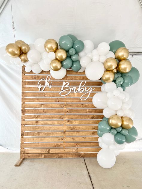 Balloon Wood Backdrop, Photo Backdrop With Balloon Arch, Balloons And Backdrop, Balloon Garland With Wood Backdrop, Balloon Arch On Backdrop, Balloon Pallet Backdrop, Baby Shower Dessert Table Backdrop, Wood Balloon Backdrop, How To Make A Wood Backdrop For Party