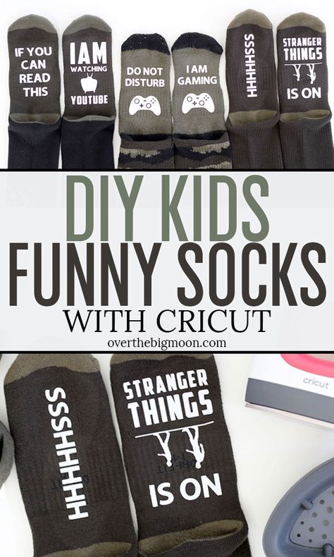 These DIY Funny Saying Socks for Kids will have your kids laughing! I've sharing 3 designs -- Stranger Things, Gaming and YouTube themed. Easy to make with your Cricut and EasyPress! From overthebigmoon.com! Sock Sayings, Christmas Cards Photography, Cricut Stencils, Diy Socks, Kids Laughing, Cricut Projects Beginner, Cricut Craft, Diy Funny, Cricut Craft Room