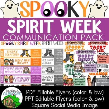 Looking for fun spirit week ideas for October? Spooky Spirit Week lets students show school spirit in fun spooky ways!Save 50% off all Spirit Day and Spirit Week packs by purchasing the yearlong Spirit Week Growing Bundle - plus get ALL future additions FREE!This fun-filled week includes the following spirit days:Monday - Spooky Socktober (wear your spookiest socks)Tuesday - Tacky Hair (wear your tackiest hairstyle)Wednesday - Wordy Nerdy (pick a word and dress up to represent the word)Thursday October Dress Up Days, Hospital Spirit Week Ideas, Halloween Spirit Week Ideas For School, Halloween Spirit Week Ideas For Work, October Spirit Week Ideas, Dress Up Themes Spirit Weeks, Fun Spirit Week Ideas, Halloween Spirit Week Ideas, Spirit Week Ideas