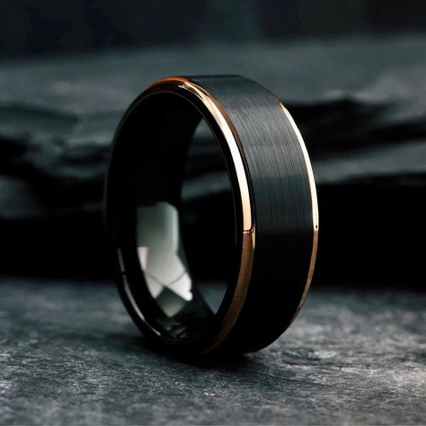 Mens Wedding Rings Black, Gold Tungsten Wedding Bands, Black And Gold Wedding, Black Tungsten Wedding Band, Rings Sets, Mens Wedding Bands Unique, Wedding Bands For Him, Rose Gold Tungsten, Black Tungsten Rings