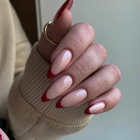 Nails 2024 French, French Nails 2024, Red French Tip Nails Almond, Colored French Manicure, French Red Nails, Burgundy French Tip, Red Nails French, Nails Almond French, Nails Red French