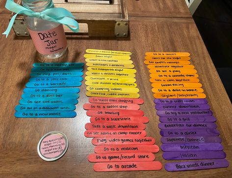 2024 Jar Ideas, Date Sticks Jars, Mason Jar Date Night Ideas, Date Night Jar Ideas Diy Popsicle Sticks, Date Night Categories, Date Idea Jar Diy, Popsicle Date Night Ideas In A Jar, Date Jar Ideas Couples Popsicle Sticks, Date Craft Ideas Couple