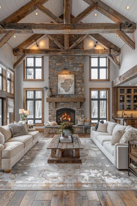 Barndominium Rustic Interior, Barndominium Ideas Exterior With Shop, 1 Story Barndominium Interior, Farm Cabin Interior, Cabin Ceilings Ideas, Barndominium Hunting Lodge, Vaulted Ceiling Barndominium, Montana Aesthetic Home, Rustic Cabin Interiors Living Room