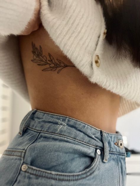 Rib Olive Branch Tattoo, Leaf Side Tattoo, Olive Branch Tattoo Ribcage, Rib Leaf Tattoo, Wraparound Leaves Tattoo, Rib Plant Tattoo, Rib Vine Tattoo, Olive Branch Back Tattoo, Upper Ribcage Tattoo