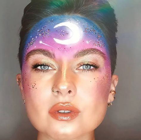 46 Halloween 2021 Face Paint Ideas That Will Make You Want To Get Extra With Makeup Again — See Photos | Allure Alien Face Paint, Halloween Face Paint Ideas, Cosmic Makeup, Blue Face Paint, Halloween Face Paint, Cool Face Paint, Eco Glitter, Face Paint Ideas, Galaxy Makeup