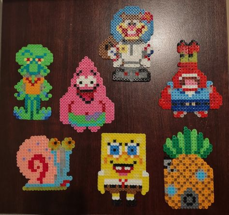 Made with perler beads and magnets on the back for refrigerator Squidward Perler Beads, Spongebob Perler Bead Patterns, Barbie Perler Beads, Large Perler Bead Patterns, Spongebob Perler Beads, Spongebob Perler, Perler Bead Wall, Melt Beads Patterns, Hama Mini