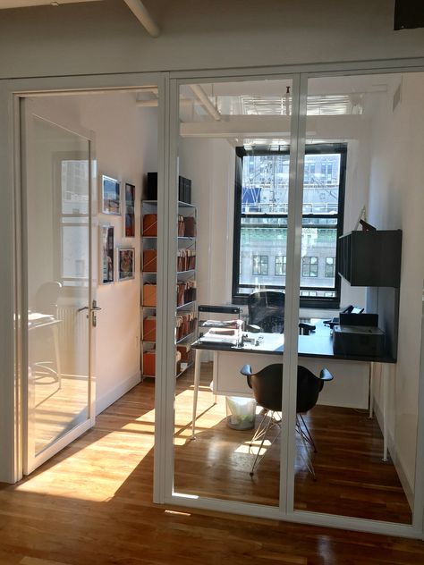 With more people working remotely, the home office is becoming a necessity. We can help custom-design the ideal office or study to fit your needs, like the one shown here that uses our swing door paired with fixed glass walls. Small Office Door Ideas, Home Office For Two With Divider, Glass Divider Office, Home Office With Divider, Office Wall With Window, Glass Door Study Room, Glass Dividers For Living Room, Small Office Glass Door, Glass Office Walls Home