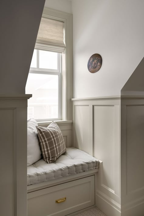 How to Get Shea's Parent's Bonus Room Look - Studio McGee Panelling In Loft Room, Dormer Bedroom Ideas, Slanted Wall Bedroom, Slanted Ceiling Bedroom, Dormer Bedroom, Bonus Room Design, Slanted Walls, Dormer Windows, Attic Spaces