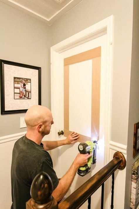 The boring, flat panel interior doors were really dating our home. However, I didn't want to spend the money to replace them all. So, we decided to use plywood to give them the effect of molding. Cut 1/4" plywood into strips. You'll have to do math to determine the size that you want the boxes to be on each door. Check your math 3 times because we sure did mess it up! Draw a diagram for best results, and then tape the design onto the door to be sure. There's more details on that proces… Interior Doors Diy, Update Interior Doors, Flat Panel Interior Doors, Interior Door Makeover, Diy Interior Doors, Pintu Interior, Stained Trim, Flat Panel Doors, Door Makeover Diy