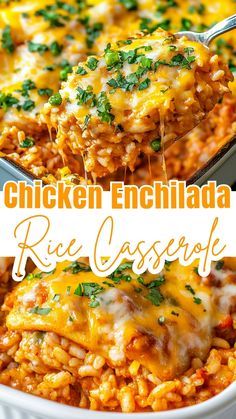 Make dinner easy with this Chicken Enchilada Rice Casserole! This tasty recipe combines tender chicken, flavorful enchilada sauce, and fluffy rice, all baked to perfection. Perfect for a family meal or potluck, it’s a one-dish wonder that everyone will love. Quick, delicious, and full of cheesy goodness! Cheesy Fiesta Chicken And Rice, Mexican Casserole Freezer Meal, Easy Mexican Dishes For Potluck, Bbq Chicken Rice Casserole, Recipes With Mexican Rice, Easy Dinner Bake Recipes, Chicken Enchiladas Rice Casserole, Chicken Rice Taco Casserole, Chicken Enchiladas Rotisserie