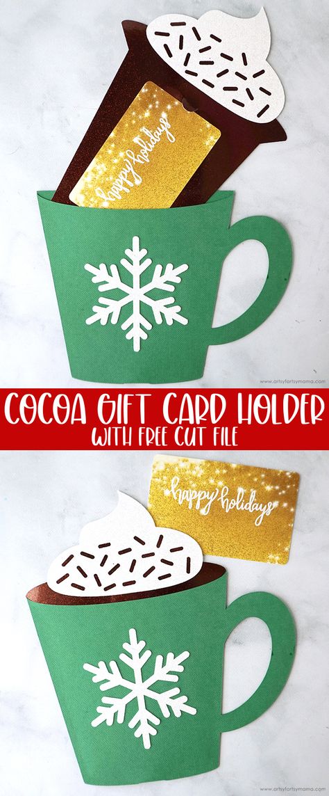 Cocoa Gift Card Holder + Free Cut File | artsy-fartsy mama Natal, Gift Card Holder Cricut Free, Christmas Gift Card Holders Diy Cricut, Paper Gift Card Holders, Gift Card Holder Diy Cricut, How To Gift A Gift Card Christmas, Gift Card Svg Free, Christmas Gift Card Holder Svg, Cricut Christmas Wrapping Ideas