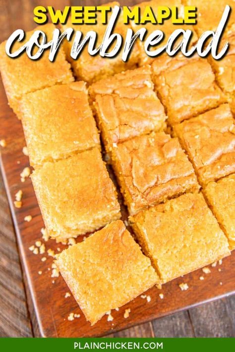 Sweet Maple Cornbread (Made with Cake Mix) - Plain Chicken Cake Cornbread Recipe, Cornbread With Cake Mix Recipe, Cake Cornbread, Maple Cornbread, Corn Bread Muffins, Yellow Cornbread, Bacon Cornbread, Jiffy Corn Muffins, Cornmeal Muffins