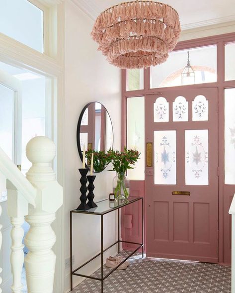 Pink Hallway, Hallway Ceiling Lights, White Hallway, Hallway Designs, Pink Door, Hallway Lighting, Hallway Decorating, Apartment Therapy, White Walls