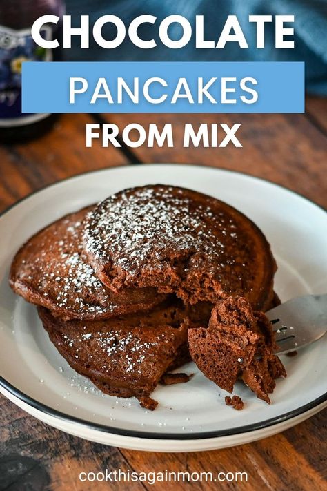 Just a little bit of cocoa powder and pancake mix has the kids smiling big time! It is almost like having dessert for breakfast. Chocolate Kodiak Pancakes, Hot Cocoa Pancakes, Easy Chocolate Pancakes, Easy Chocolate Pancake Recipe, Chocolate Pancakes With Cocoa Powder, Krusteaz Pancake Mix Recipes, Cocoa Pancakes, Group Brunch, Chocolate Pancake Recipe