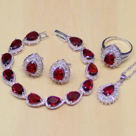 Water Drop Red Ruby White Topaz 925 Sterling Silver Jewelry Sets Women Stud Earrings/Pendant/Necklace/Ring/Bracelet Gift - AliExpress 36 Silver Jewelry Sets, Power Of Healing, Women Stud Earrings, Topaz Jewelry, Healing Crystal Jewelry, Women's Jewelry Sets, Silver Jewellery Sets, Necklace Ring, Earrings Pendant