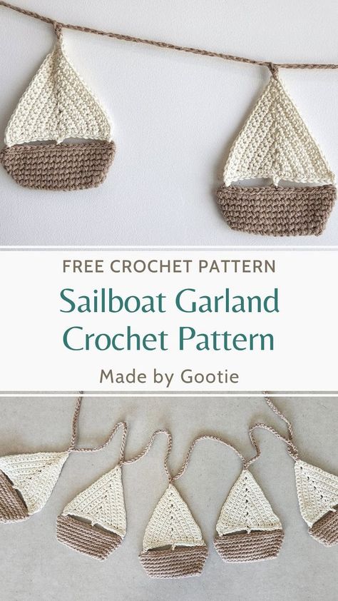 Easy Crochet Boat Pattern - Made by Gootie Crochet Applique Patterns, Garland Crochet Pattern, Crochet Boat, Sailboat Wall Decor, Boat Pattern, Garland Crochet, Crochet Applique Patterns Free, Crochet Placemat Patterns, Quick Crochet Projects