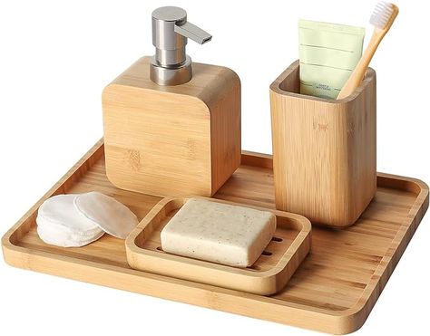 Amazon.com: Asashizen 4Pcs Handmade Bamboo Sink & Bathroom Accessory Sets Retro Set, Natural, Soap Dish Holder for Shower, Lotion Soap Dispenser, Mouthwash Cup, Rinse Cup, Organiser Tray for Hotel, House, Office : Home & Kitchen Bamboo Bathroom Accessories, Shower Lotion, Hotel House, Bathroom Accessories Set, Dish Holder, Bamboo Bathroom, Wooden Bathroom, Bath Accessories Set, Bathroom Accessory Sets