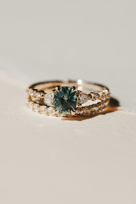 sapphire engagement ring, eternal harmony Green Sapphire Engagement Ring With Wedding Band, Not Diamond Engagement Rings Stones, Green Sapphire Wedding Ring Set, Green Sapphire Engagement Ring Oval, Ethical Diamond Engagement Ring, Beach Inspired Engagement Rings, Green Sapphire Rings, Round Oval Engagement Ring, Sapphire Engagement Ring Green