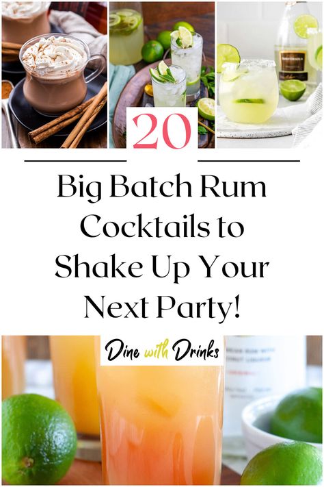 Collage of 4 big batch rum cocktails. Rum Pitcher Cocktails, Drinks For Large Groups Alcohol, Mixed Drink For Large Group, Large Batch Rum Punch Recipes, Cocktail Batch Recipes, Rum Mixed Drinks Recipes, Rum Cocktails For A Crowd, Big Batch Rum Cocktails, Big Batch Whiskey Cocktails