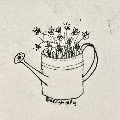 Watering Can Sketch, Jar Of Flowers Tattoo, Watering Can Doodle, Watering Can Tattoo, Watering Cans, Pen Sketch, Tattoo Inspo, Watering Can, Flower Tattoos