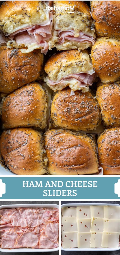 These ham and cheese sliders consist of Hawaiian rolls filled with ham, Swiss cheese, and a Dijon mustard sauce. They make a great after-school snack that kids will love! Ham And Cheese Sliders With Cream Cheese, Ham N Swiss Sliders, Ham And Cheese Sliders Crockpot, Ham And Cheese Sliders No Mayo, Hawaiian Ham And Swiss Sliders, Best Damn Ham Sandwiches, Hawaiin Bread Sliders Ham And Cheese, Hawaiian Sandwiches Recipes Ham Sliders, Ham And Cheese Delights