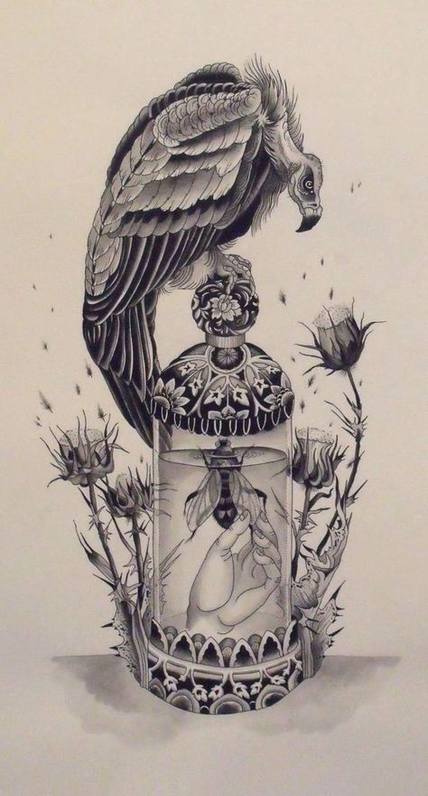 #tattoo #vulture #bee #thistle Traditional Vulture Tattoo, Vulture Tattoo, No Guts No Glory, Omerta Tattoo, 4 Tattoo, Juxtapoz Magazine, Maori Tattoo, Desenho Tattoo, Birds Tattoo