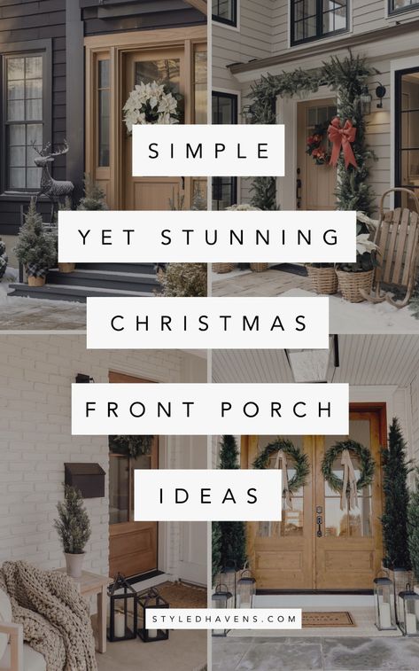 Planning your Christmas decor and looking for beautiful outdoor Christmas decorations you can recreate yourself? These *jaw-droppingly good* Christmas porches are a MUST-SEE: so many simple modern Christmas decor ideas to try yourself for the perfect Christmas front porch! (This beautiful Christmas porch decor is all super classy & elegant and mostly neutral) Christmas Decoration House Outdoor, Vintage Christmas Decor Ideas Outdoor, Outdoor Christmas Decorations Front Door, Neutral Christmas Porch Decor, Long Front Porch Christmas Decor, Classic Simple Christmas Decor, Entry Table Christmas Decor Ideas Modern, Farmhouse Front Door Christmas Decor, Christmas Front Of House