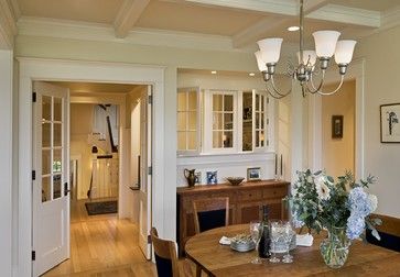 Shingle style home in Hanover NH - rustic - dining room - burlington - Smith & Vansant Architects PC Rustic French Doors, Kitchen Pass Through Window, Kitchen Pass Through, Exterior Door Trim, Kitchen Pass, Pass Through Window, Soundproof Windows, Dining Room Victorian, Fireplace Seating